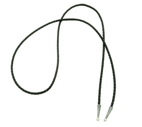 4mm Braided Genuine Black Leather Cord Rope w/ Ribbed Metal Tips for Bolo Ties