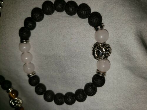 Natural Crystal Bracelet Rose Quartz & Lava Beads With A Lion Head
