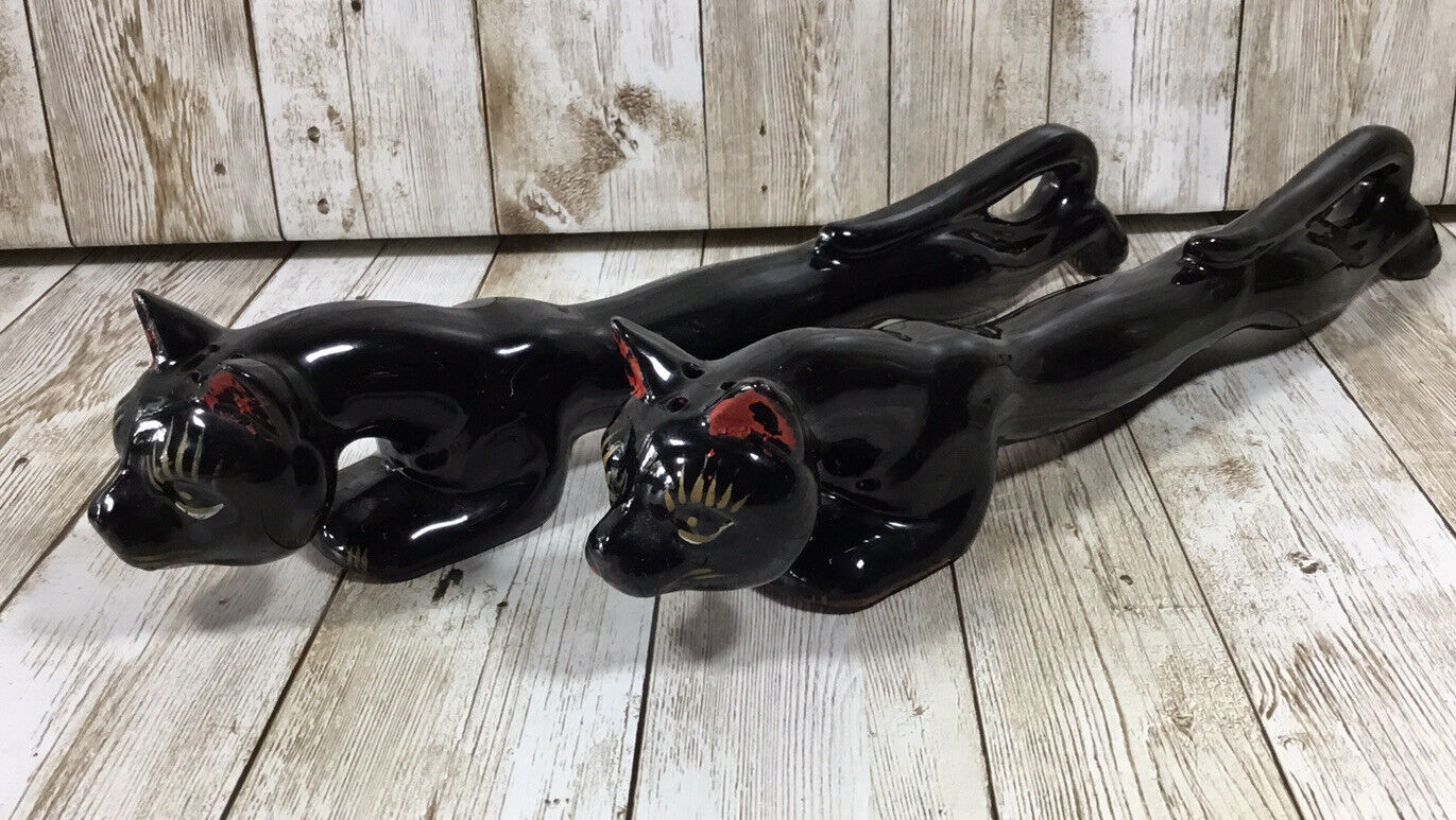 Vtg Mid Century Modern Black Long Stretch Cat Salt Pepper Shaker Set Ceramic