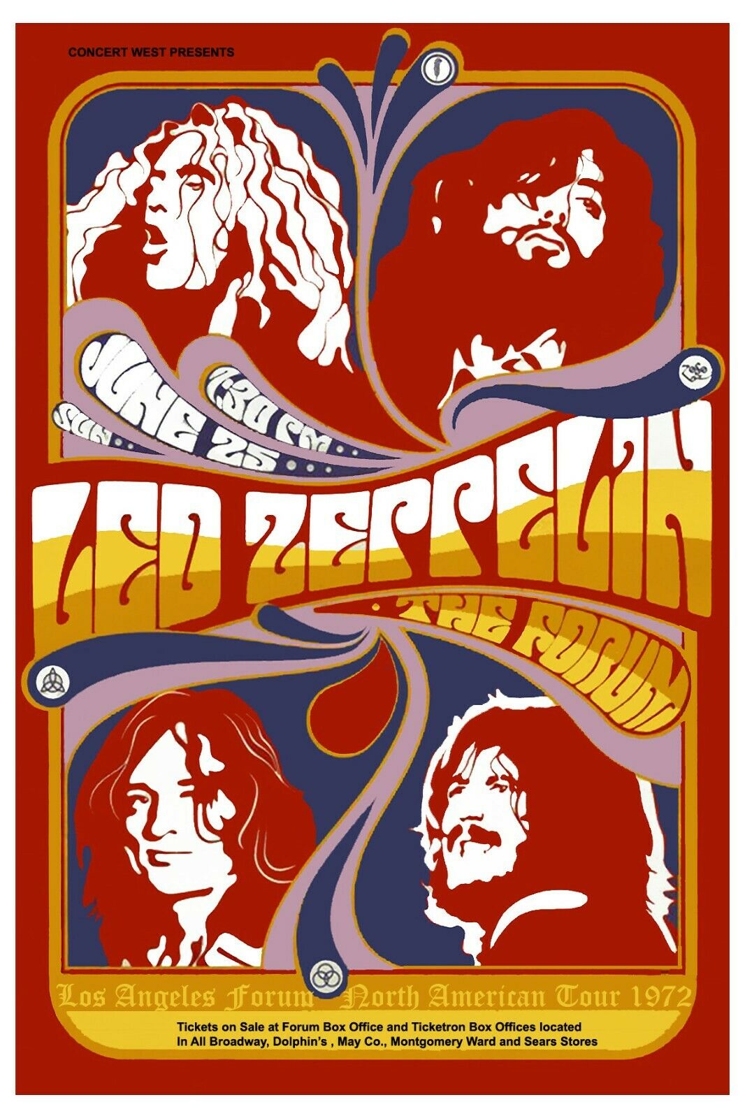 Led Zeppelin At The Forum In Ingelwood California Concert Poster 1972   12x18