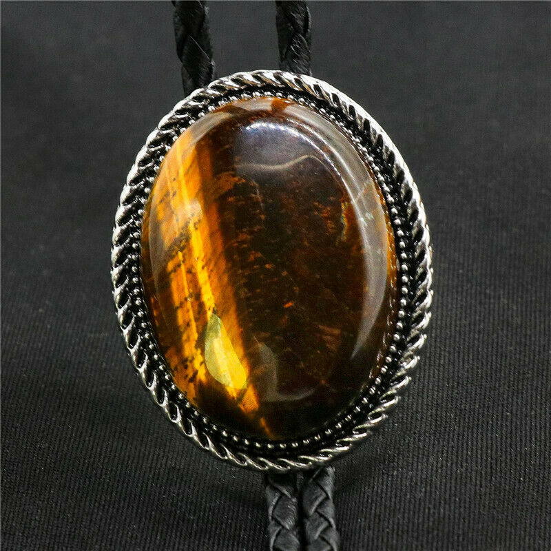 Tiger`s eye Stone Mens Bolo Tie Wedding Necklace PU Leather Rope Western Cowboy
