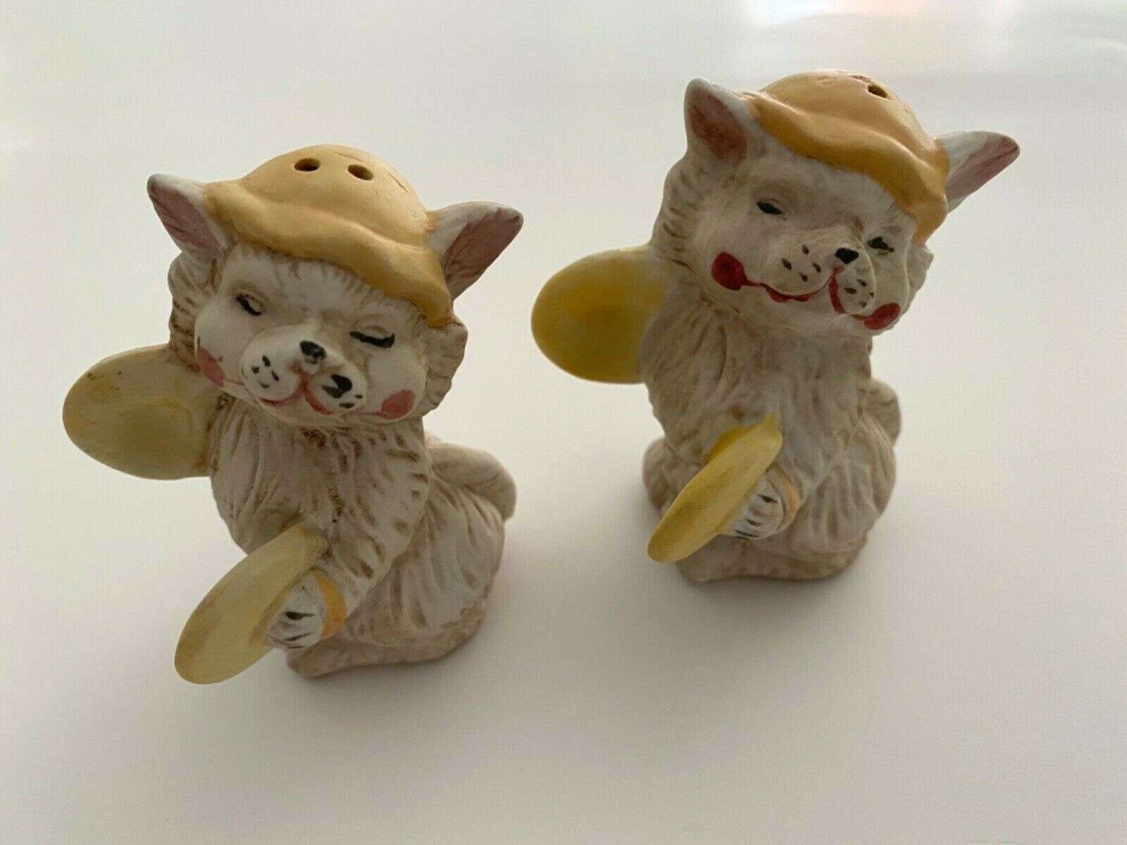 Pair Of Ceramic Cats Playing Cymbals Salt & Pepper Shakers 3 Inches Tall