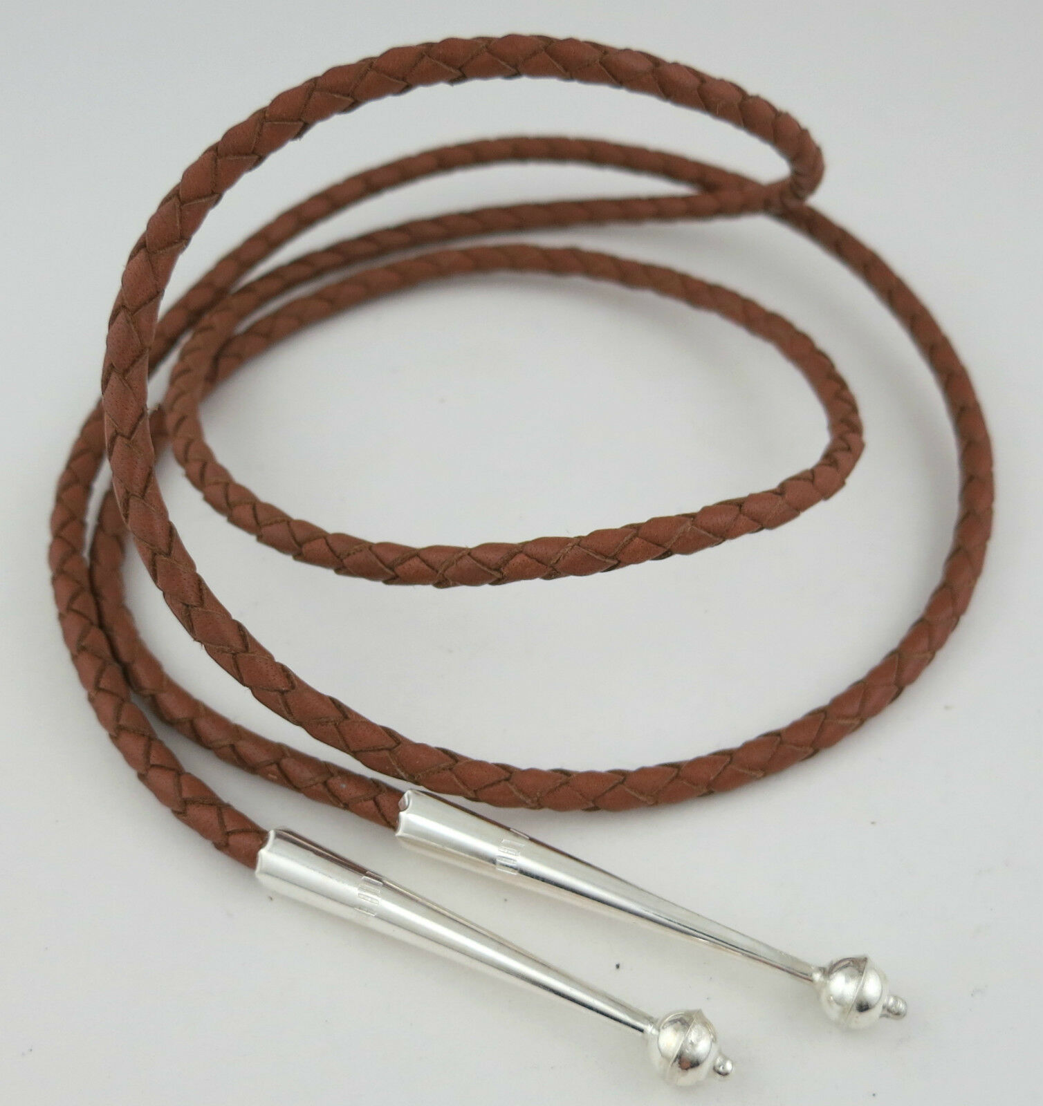 High Quality Braided Brown Leather Bolo Tie Cord & Beaded Sterling Silver Tips