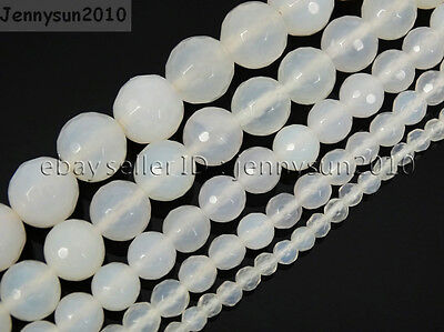 Natural White Agate Gemstone Faceted Round Beads 15.5" 4mm 6mm 8mm 10mm 12mm
