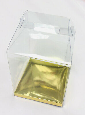 24 Pcs 4x4x4-1/2" Party Favor Gable Handle Clear Pvc Boxes W/ Golden Card Bottom